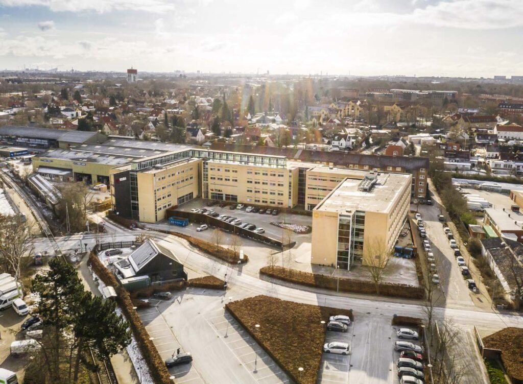 Dronefoto af The Union lokationen på Nørgaardsvej i Lyngby.